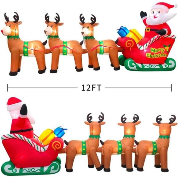 12FT Christmas Inflatables Santa Claus on Sleigh with Reindeer Deer Gift Box - Picture 3 of 6